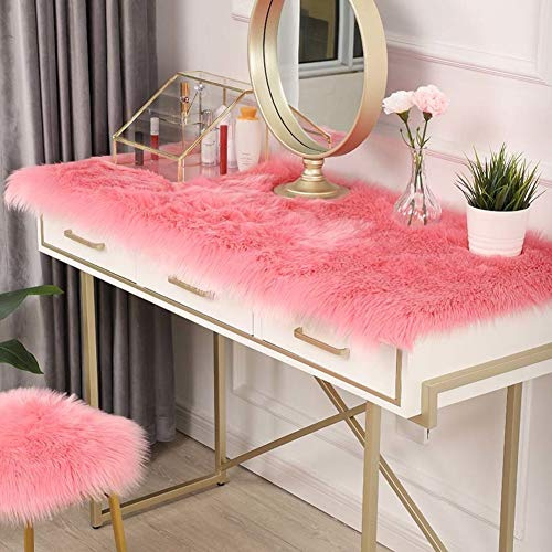 Einfarbige Plüsch Tischläufer,Faux Schaffell Dekorative Kommode Tischdecke,Nicht-slip Schreibtisch-pad Essen Zu Weihnachten Weddin,Luxus Falsches Fell Kommode Tischdecke-Rosa 40x100cm(16x39inch)