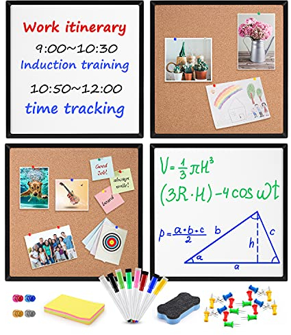 Cork Bulletin Board and Magnetic Dry Erase White Board for Wall, 4-Pack 12 X 12 Square Tiles with Black Framed Combination Board