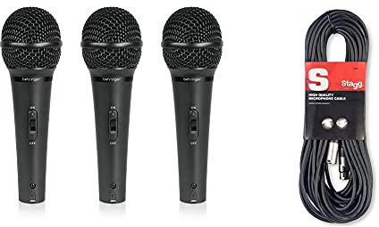 Behringer ULTRAVOICE XM1800S 3 Dynamic Cardioid Vocal and Instrument Microphones (Set of 3) & Stagg SMC10, Microphone Cable XLR-XLR Plug 10M