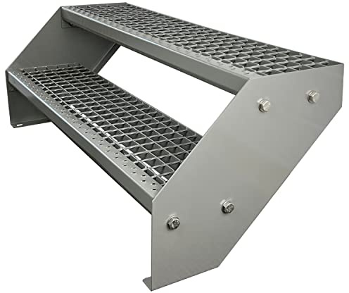 Kaminbau Mierzwa Premium Stahl Treppe Verzinkt & komplett Silber Pulverbeschichtet 2 Stufen (Breite 140 cm) (Höhe 38 cm) Wetterfest Gitterroststufe Gartentreppe