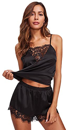 KOEMCY Pijama para Mujer Satén V Cuello Ropa de Dormir Conjuntos Sexy Encaje Camisola Superior de Pantalones Cortos Erotica Lencería Set (Negro,L)