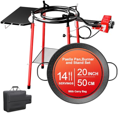 GRILL FORCE Juego de paelleras de 20 pulgadas con quemador y soporte, kit de paellera de acero esmaltado, encendedor integrado, manguera reguladora, bolsa de transporte, 14 porciones