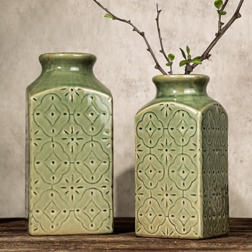 LIZOFER Set di 2 vasi in ceramica moderni per soggiorno, camera da letto, 24 cm e 20 cm, vasi da fiori per decorazione domestica e ufficio, centrotavola vintage, verde antico, rustico, minimalista,
