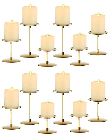 Romadedi Bougeoir Doré pour Bougies Pilier - Lot de 12 Bougeoirs Métal Moderne Décoration Centre de Table pour Mariage Noël L’Avent pour la Maison Salon Table Salle à Manger