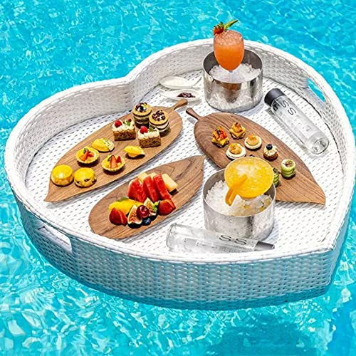 Oiyekntd Rattan gewebte Servierschale, Swimmingpool -Lebensmittelschale mit Griffen, herzförmige schwimmende Servierschale Tischbar Schwimmschale für Hochzeitsfotografie Fotoshooting,White