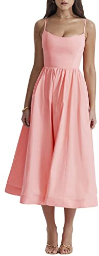 Felcia Damen Spaghettiträger Midikleider Bodycon Ärmellos Bustier Cami Kleid Sommer A-Linie Party Cocktail Strand Kleid, G-pink, Medium
