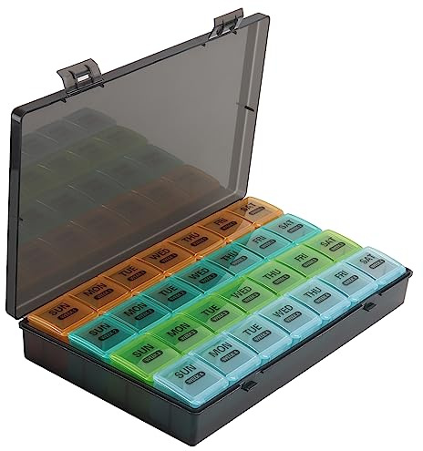Tablettenbox Monat 28 Tage Pillendose, Happybase 4 Wochen Medikamentenbox, Reise Pillenbox Große Fächer, Schwarz Monatlicher Tabletten Organizer für Vitamine, Fischöle, Medikamente (grau)