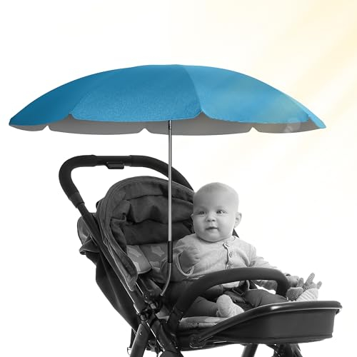 STYNGARD Sombrilla para cochecito de bebé con protección UV 50 + / 70 cm de diámetro con voladizo, protección solar para cochecito, con soporte universal flexible, modelo ROME (azul bebé)