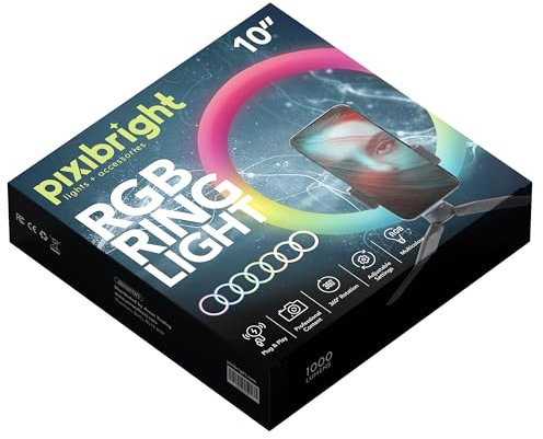 Pixibright RGB Ring Light 10 - 1.6m Tripod Stand, Phone Mount, 2m USB Cable and 1000 Lumens for Perfect Lighting - Ideal for Vlogging, Streaming, and Photography