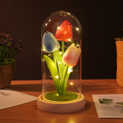 Creperture Flor de Tulipán en Vidrio Regalos para Día de San Valentín Elegante Tulipán Decorativo Flores Artificiales con Luces LED Decor del Hogar Luces de Noche Regalos para Mujeres Madres