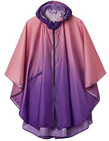 Regenponcho Damen Herren Wasserdichte, Regencape mit Kapuze Reißverschluss, Regenmantel Damen Wiederverwendbar, Regenponcho Fahrrad Wandern, Regenjacke Damen Leicht Farbverlauf Rosa-lila