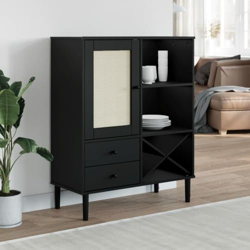 Gecheer Highboard Sideboard Kommode Schrank Anrichte Beistellschrank Mehrzweckschrank Standschrank Wohnzimmer Rattan-Optik Schwarz 90x40x112 cm Kiefernholz