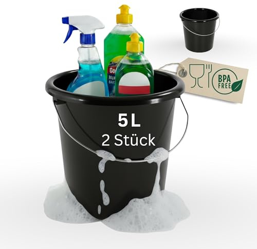 Novaliv 2 Stück Eimer 5L Schwarz mit Maßeinteilung - Putzeimer 5 Liter ? 22,5 cm Praktischer Allrounder mit Skala für Haushalt & Garten ideal als Haushaltseimer, Wassereimer, Wischeimer, Bucket