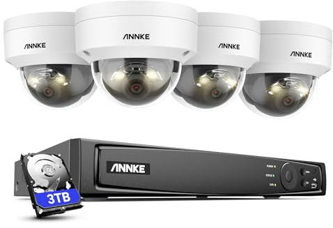 ANNKE Kit Videosorveglianza 12MP, 4 x telecamere IP PoE da 12MP con Audio, NVR da 8CH con disco rigido da 3TB, Rilevamento Intelligente di Uomo/Veicolo, Visione Notturna a Colori con Faretti