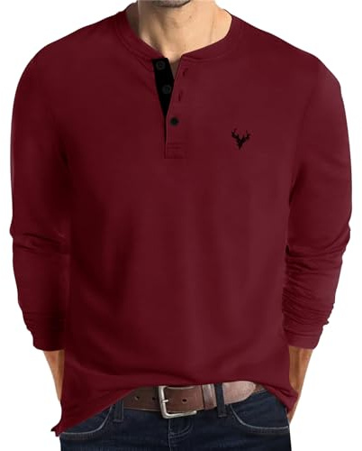 KUYIGO Henley T-Shirt brodé à Manches Longues en Coton pour Homme, Rouge vin, L