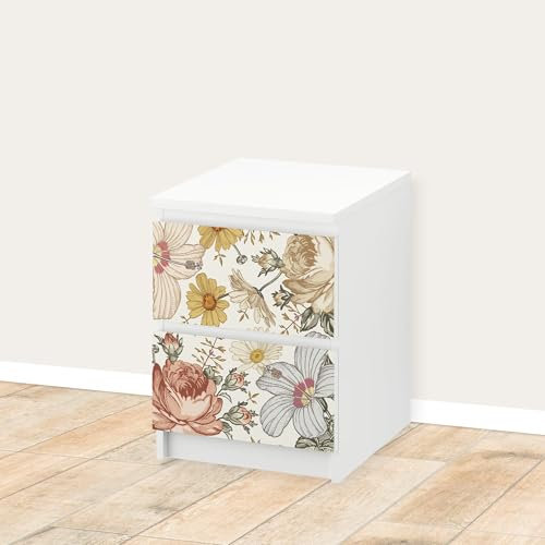 Unik Nordic Aufkleber Set Vintage Blumen für MALM Kommode mit 40 cm Schrankbreite, 2 Schubladen-Folien, Sticker für Schrank, Möbelfolie fürs Kinderzimmer, Schrankfolie für Kinder