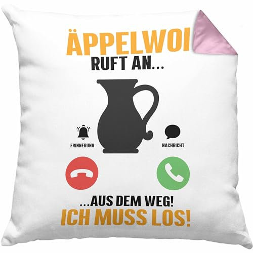Trendation Äppelwoi Ruft An Kissen mit Füllung 40x40 Ich Muss los Apfelwein Bembel Krug Kaffee-Kissen mit Füllung 40x40 Hessische Apfelweinkrug Bembel Äppler Häferl (Rosa)