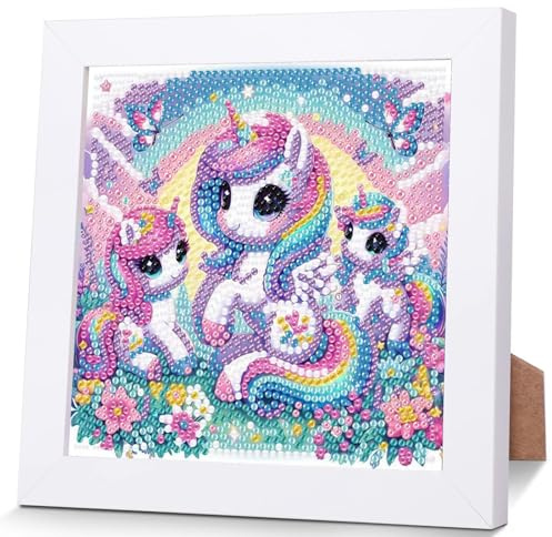 Diamond Painting per bambini con cornice in legno, con unicorno, pittura a diamante per bambini | Diamond Painting 5D con animali, per la creazione di mosaico fai da te, decorazione da parete, 18 x 18 cm