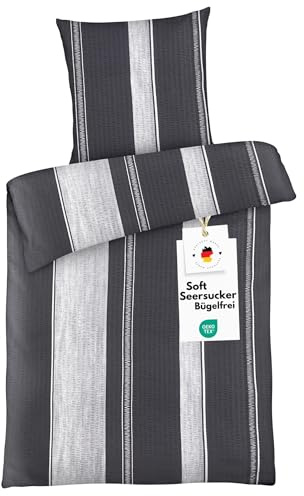 Carpe Sonno Seersucker Bettwäsche 135x200 cm – Streifen Silber Schwarz | Kühlende Sommerbettwäsche mit Muster | Reißverschluss, bügelfrei | Deckenbezug + Kissenbezug 80x80 | ganzjährig
