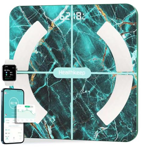 Healthkeep Personenwaage, Impedanzmesser, Bluetooth, hohe Genauigkeit, mit App, 13 Indikatoren für Android und iOS, max. 180 kg/400 lb/28 st, 28 x 28 cm – Marmorgrün