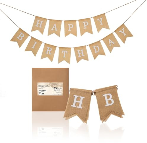 PHENO FLAGS Happy Birthday Stoff-Wimpelketten (2m und 2,5m) aus Leinen, Wiederverwendbare Geburtstags Dekoration mit weißer Schrift
