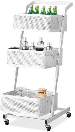 TUKAILAi 3 Tier Utility Rolling Cart,Kitchen Vegetable Trolley with Handle and Lockable Wheels, Metal Adjustable Mesh Basket Storage Rack for Fruits, Vegetables, Books,Tools (White)