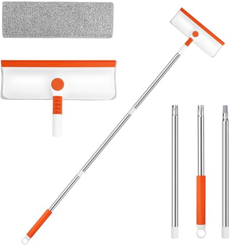 VZXZXE Set 2 in 1 lavavetri con asta pieghevole e prolunga, pulitore per finestre con estrattore in silicone e spugna in microfibra, tergicristallo per docce e porte in vetro
