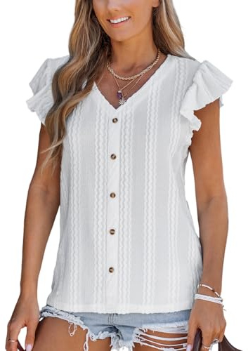 CUPSHE Kvinnor sommarblusar för kvinnor öljett broderade fladdrande shorts ärm knapp Fron elegant vardaglig damtopp skjorta, Vitt, L
