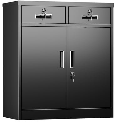 SUPEER Aktenschrank,Metallschrank mit 2 SchubladenLagerschränke,Stahlblech Pulverbeschichtung,Stahlschrank für Werkzeuge, Büro,92 x 80 x 40 cm（Schwarz）