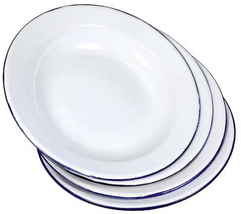 4pcs White Enamel Salad Plates Shallow Flat Edge Dinnerware for Home | Retro Simple Design, Easy-clean Sturdy Finish, Casual Meal Serving for Fruit Dessert Snacks