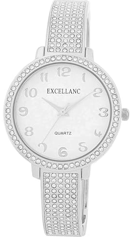 Excellanc Damen-Spangenuhr Metallarmband Spangenarmband poliert Armreif lesbare Ziffern Rund Länge 16 cm Quarz-Armbanduhr Geschenkidee für Frauen (Silber/Weiß)