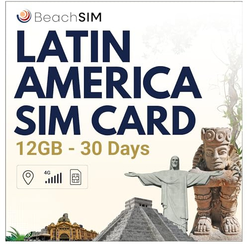 BeachSIM Tarjeta SIM Latinoamérica 30 días. 12GB de Datos Solo a velocidades 4G/5G. Roaming Gratuito en Costa Rica, Brasil, Puerto Rico y más de 9 países Sudamericanos.