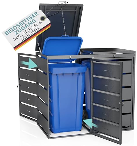 Mülltonnenbox 2X 240L Mülltonnen verzinkter pulverbeschichteter Stahl 4 Türen & 2 Deckel abschließbar mit Gasdruckfedern & Geräuschdämpfer Lüftungsschlitze Anthrazit RAL 7016