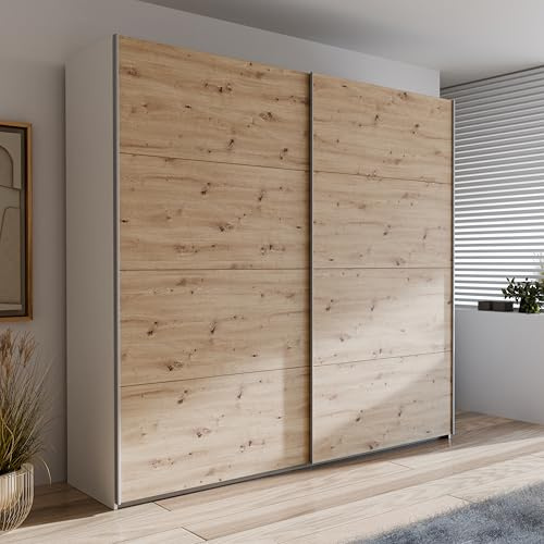Forte Schach & MATT 2 Kleiderschrank 220, Schwebetürenschrank mit Einlegeböden und Kleiderstange, 2-türig, Holzwerkstoff, Weiß/Artisaneiche Holzdekor, 220,1 cm breit x 210,5 cm hoch x 61,2 cm tief