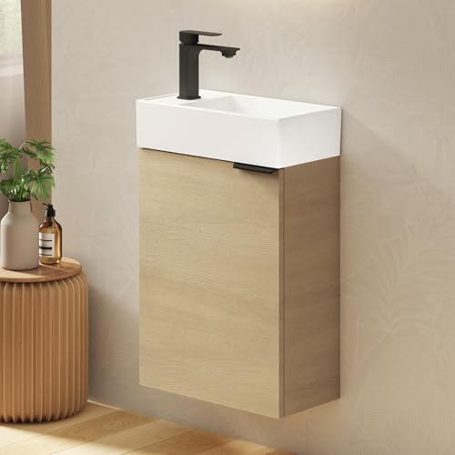 EMKE Waschtisch mit Unterschrank 41 cm, Badmöbel-Set mit Keramikwaschbecken – ideal für Gäste-WC & kleines Bad, Waschbecken mit Unterschrank, Eiche (inkl. Armatur)