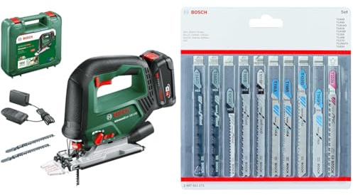 Bosch Akku-Stichsäge AdvancedSaw 18V-140 (3 × Sägeblätter, 18-Volt-System, mit 2.0Ah-Akku und Ladegerät) + Accessories 10tlg. Stichsägenblätter Set (für Holz und Metall, Zubehör)