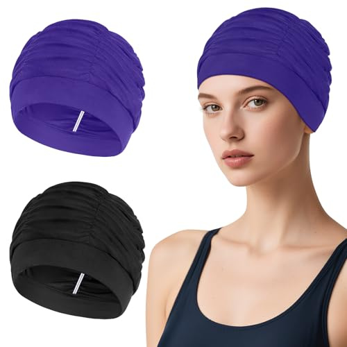 Kiiwah 2 Pezzi Cuffia da Nuoto per Adulti con Capelli Lunghi, Cuffia Piscina in Tessuto di Nylon Cappello Piscina Elastica e Comoda per Donna Uomo Bagno Nuoto e Sport(Nero Viola)