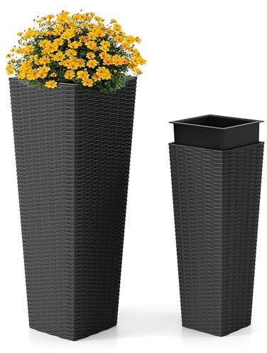 COSTWAY Lot de 2 Pots à Plantes en Rotin PP, Ensemble de Grands Jardinières d'Extérieur avec Bacs Intérieurs Amovibles Trous de Drainage, Pots de Fleurs en Osier pour Jardin Terrasse (Noir)