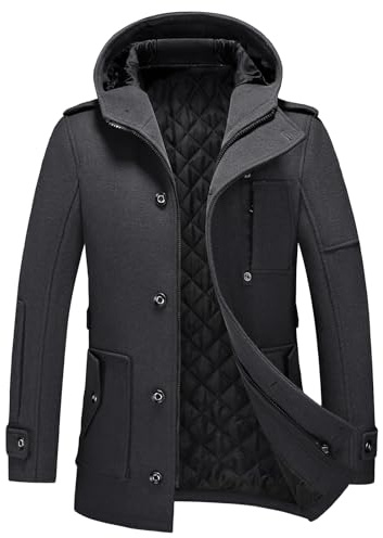 KUDORO Manteau Homme Mi-Long en Laine Chaud avec Capuche pour Hiver Trench Coat Classique Parka Pardessus Caban Slim Fit Coup-Vent Overcoat(Noir,S)