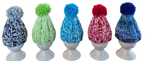 5 er Set Eierwärmer mit Puschel Pompom handgestrickt Pudelmütze viele Farben bunt reine Handarbeit Handmade gestrickt Geschenk