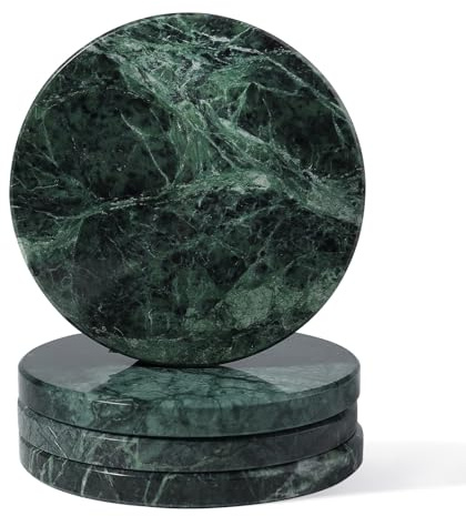 Koville Marble Coaster Set of 4, Round Coasters, 4 Stone Coaster for Drinks Coffee, White Marble Coasters for Coffee Table Home Bar Decor, Heat Resistant, Gift Choice(Green)