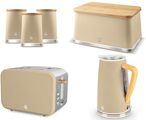 Swan Nordic Oatmeal Kettle, 2 Slice Toaster, Breadbin and Canisters,. Scandinavian Inspired Design Kitchen Set, Oatmeal Matt Finish, Stainless Steel Accents & Acacia Wood
