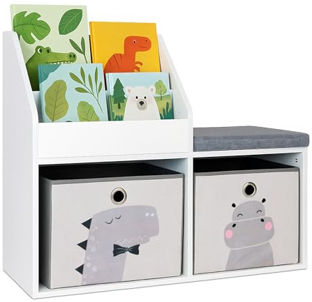 Panca per Bambini Relaxdays con Spazio per riporre, HLP: 72 x 79 x 31 cm, 2 scatole Pieghevoli, libreria, Bianco/Grigio