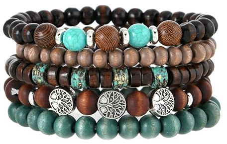 5PCS Boho Beaded Bracelets for Women and Men – Stackable Wooden & Alloy Bracelets with Turquoise Beads and Tree of Life Charm, Handmade Elastic Cuff Jewelry Gift Set#A