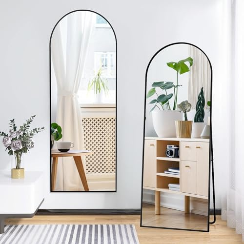 Ganzkörperspiegel 164x54cm,Gewölbter Standspiegel mit Aluminiumlegierung Rahmen,Hartglas,Hängend, Stehend, Kippbar,Stehspiegel für Schlafzimmer, Badezimmer und Wohnzimmer (Schwarz, 164L x 54B cm)