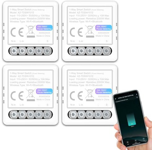 ANTELA Interrupteur Relais Connecté WiFi Bluetooth 10A 1Canal, 4PCs | Mesure de Consommation Électrique, Compatible Alexa et Google Home, Smart Life APP, 2,4GHz