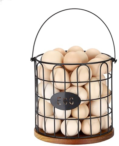 OGANAZI 7'' Farmhouse Egg Basket for Gathering Fresh Eggs, Metal Egg Holder Countertop for Chicken Eggs, Round Metal Wire Basket with Handle & Wooden Base, Vintage Kitchen Decor(Style 1-Straight)