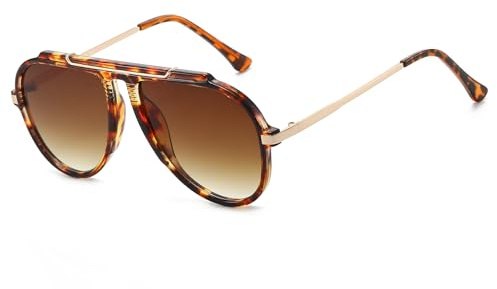 LJCZKA Oversized Pilot Sunglasses for Women Men 70s Retro Gold Metal Frame Pilot Sun Glasses Trendy Sunnies UV400 Protection (Leopard Gradient Brown)