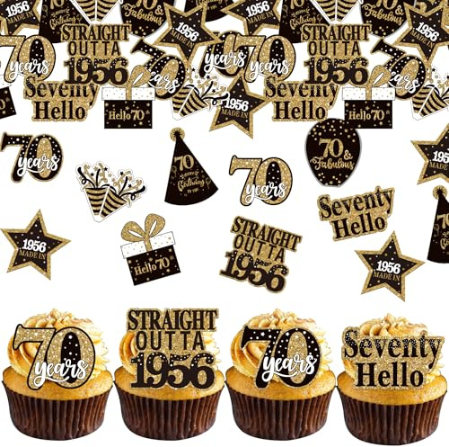 Xsstarmi 63 Pack 70th Birthday Edible Cupcake Toppers Rice Paper Straight Outta 1956 Made In 70 Hello Cupcake Picks for Cheers to 70 Years Birthday Party Cake Decorations Supplies