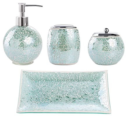 Whole Housewares Ensemble de 4 Distributeurs de Savon, en Verre épais, Bol de Toilette, Porte-Brosse à Dents, Porte-Savon, Surface Turquoise, Accessoire Salle de Bain en Mosaïque Fait Main